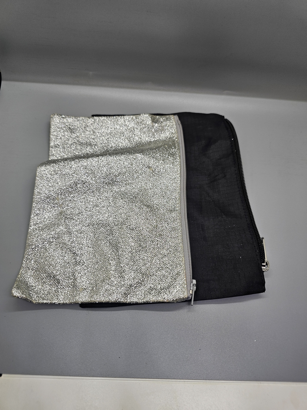 Silver Glitter and Black Zip Pouch Set
